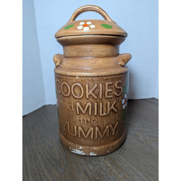 VTG Milk and Cookies are Yummy Cookie Jar Milk Can Shape Hand Painted 60s 70s